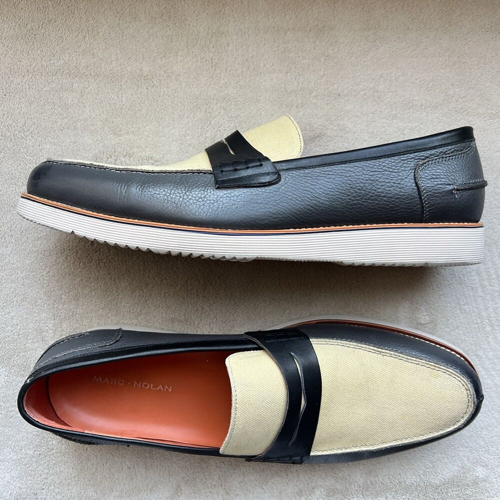 Marc Nolan Abe Navy Blue Leather &‎ Tan Cream Canvas Loafers Men 14 Slip On Boat